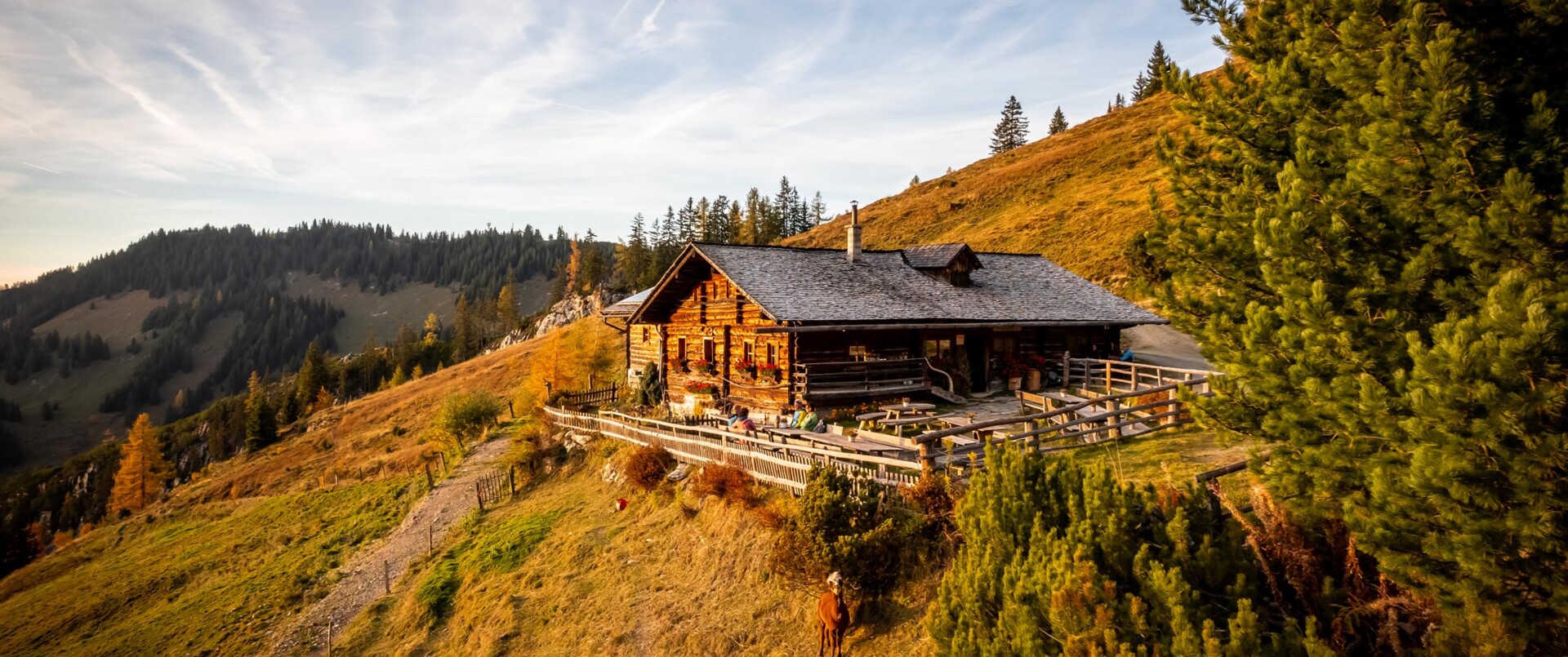 Blick auf eine urige Hütte im Großarltal, umgeben von einer herbstlichen Naturlandschaft.